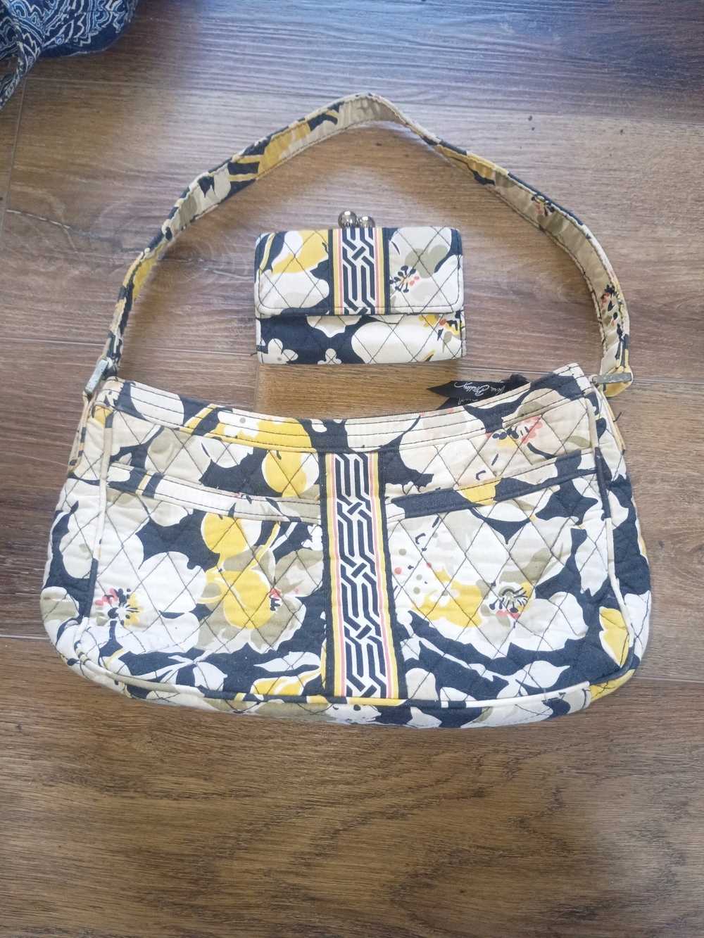 Vera Bradley Yellow, Black & Cream Quilted Crossbody with Matching Wallet